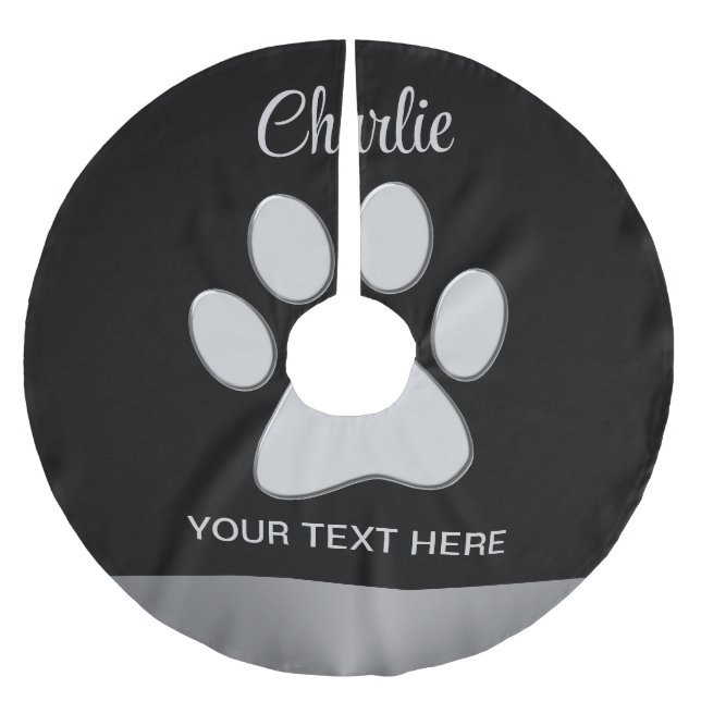  Silver Dog Paw on black background Brushed Polyester Tree Skirt (Front)