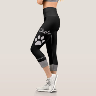  Silver Dog Paw on black background Capri Leggings