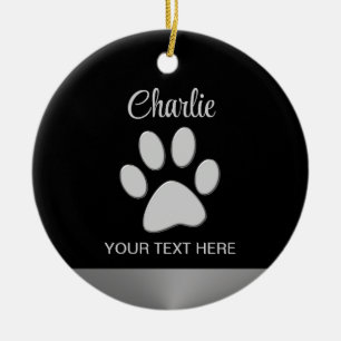  Silver Dog Paw on black background Ceramic Ornament