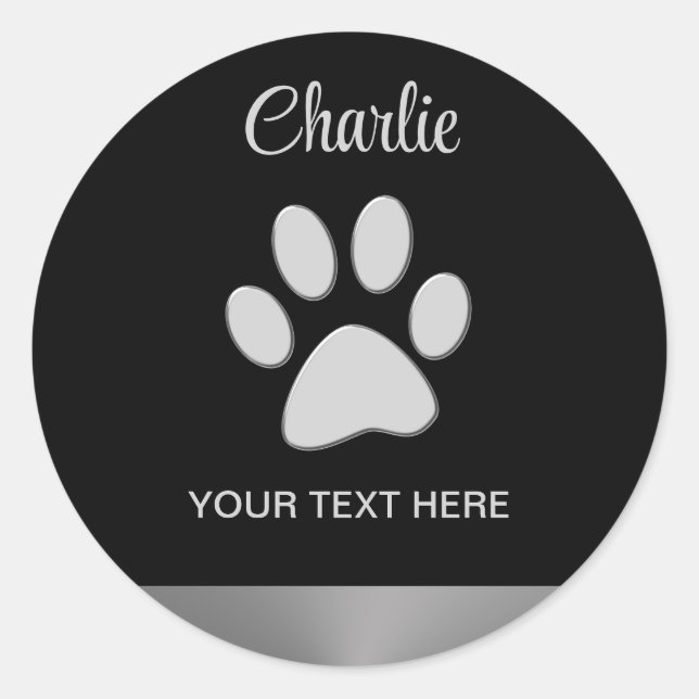  Silver Dog Paw on black background Classic Round Sticker (Front)
