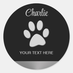 Silver Dog Paw on black background Classic Round Sticker