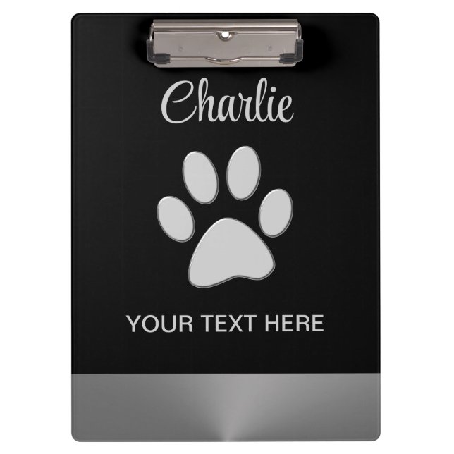  Silver Dog Paw on black background Clipboard (Front)