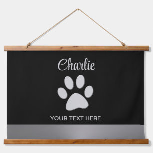 Silver Dog Paw on black background Hanging Tapestry