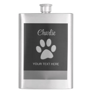  Silver Dog Paw on black background Hip Flask