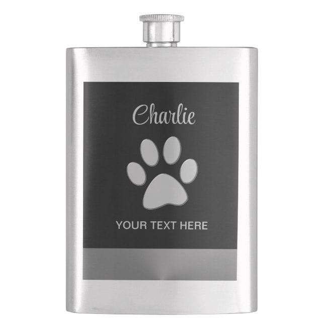  Silver Dog Paw on black background Hip Flask (Front)
