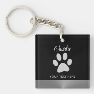  Silver Dog Paw on black background Key Ring