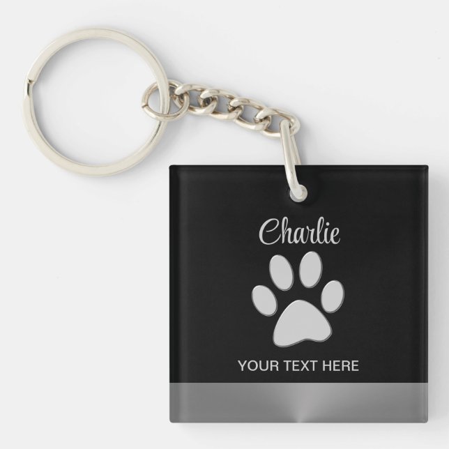  Silver Dog Paw on black background Key Ring (Front)