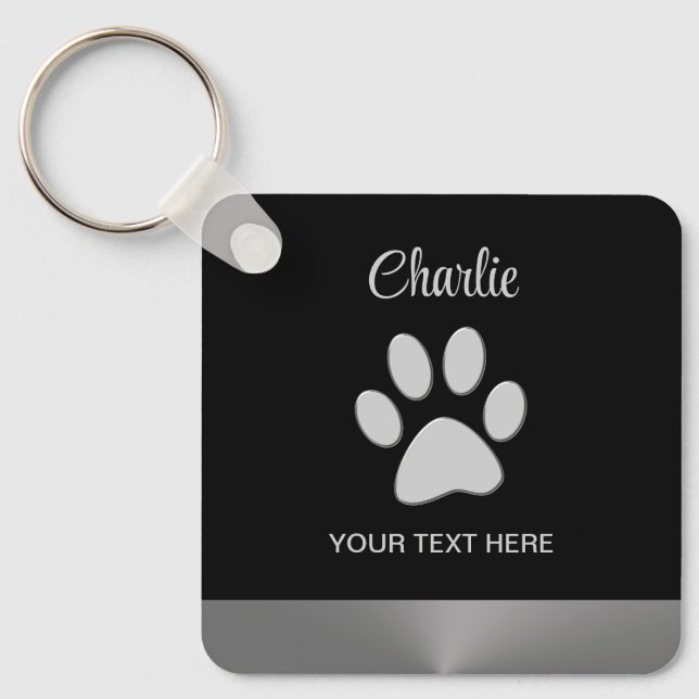  Silver Dog Paw on black background Key Ring (Front)