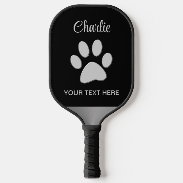  Silver Dog Paw on black background Pickleball Paddle (Front)