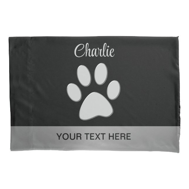 Silver Dog Paw on black background Pillowcase (Front)