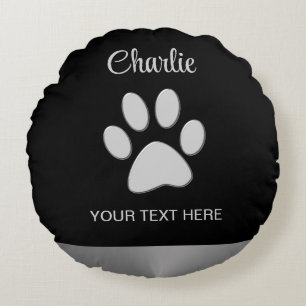 Silver Dog Paw on black background Round Cushion