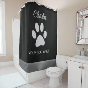 Silver Dog Paw on black background Shower Curtain