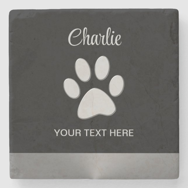  Silver Dog Paw on black background Stone Coaster (Front)