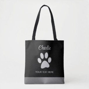 Silver Dog Paw on black background Tote Bag