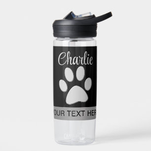  Silver Dog Paw on black background Water Bottle