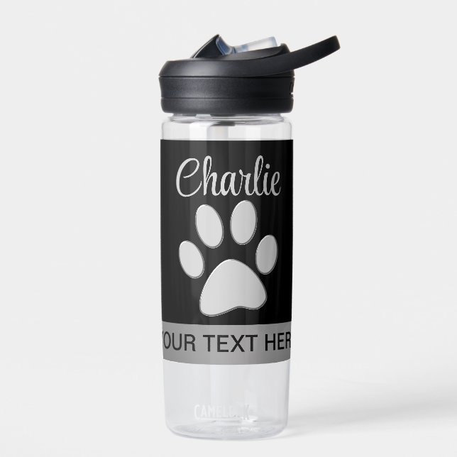  Silver Dog Paw on black background Water Bottle (Left)