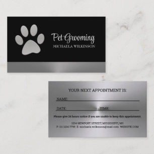 Silver Dog Paw on black Pet Grooming Service Appointment Card