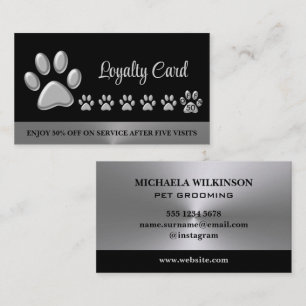 Silver Dog Paw on black Pet Grooming Service Busin Loyalty Card