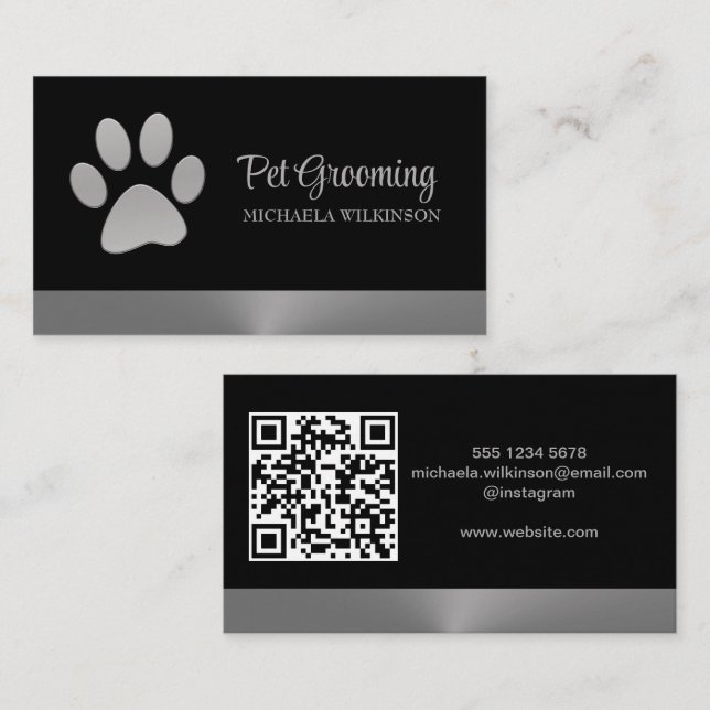Silver Dog Paw on black Pet Grooming Service Business Card (Front/Back)