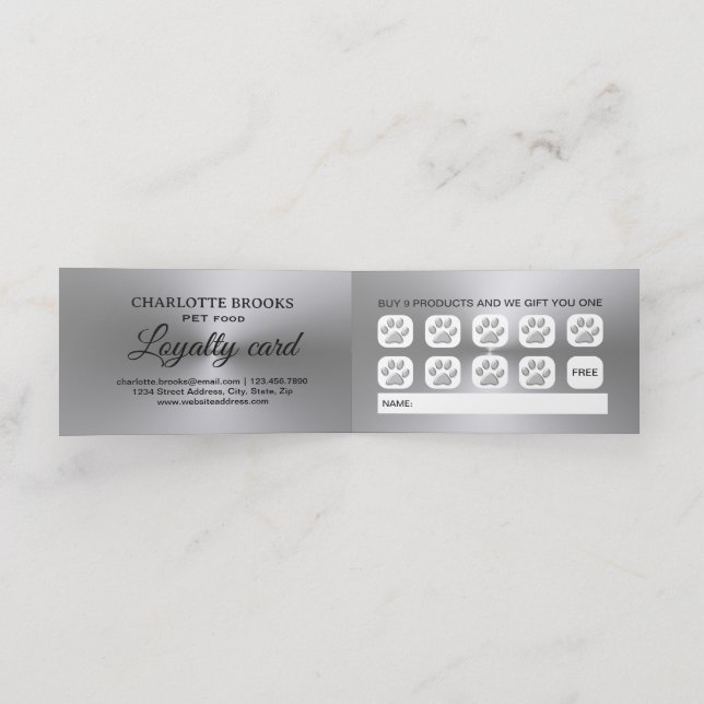 Silver Dog Paw on black Pet Grooming Service Loyalty Card (Inside Unfolded)