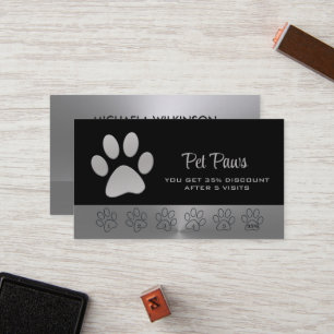 Silver Dog Paw on black Pet Grooming Service Loyalty Card