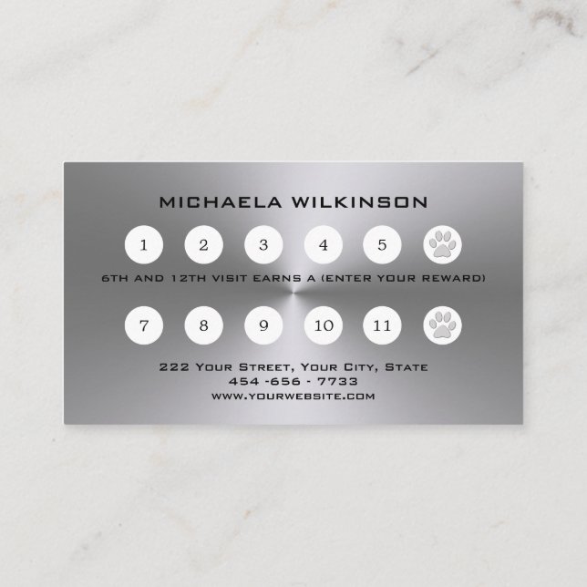 Silver Dog Paw on black Pet Grooming Service Loyalty Card (Back)