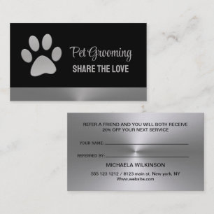 Silver Dog Paw on black Pet Grooming Service Referral Card