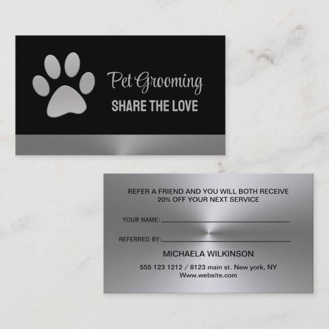 Silver Dog Paw on black Pet Grooming Service Referral Card (Front/Back)