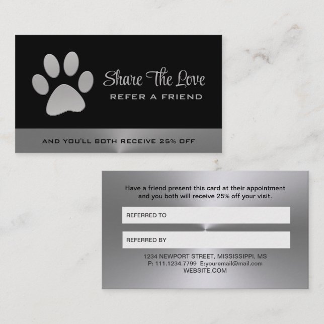 Silver Dog Paw on black Pet Grooming Service Referral Card (Front/Back)