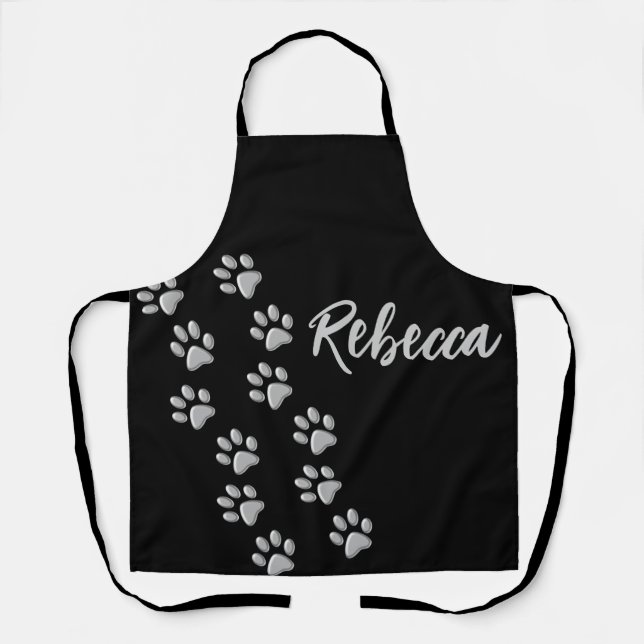 Silver Dog Paws black Background Print Pattern Apron (Front)