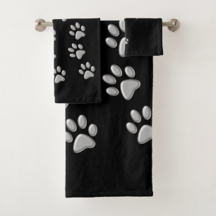 Silver Dog Paws black Background Print Pattern Bath Towel Set