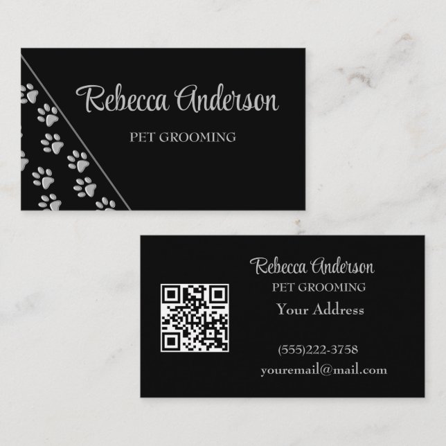 Silver Dog Paws black Background Print Pattern Bus Business Card (Front/Back)