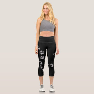 Silver Dog Paws black Background Print Pattern Capri Leggings