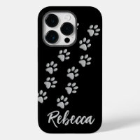 Silver Dog Paws black Background Print Pattern