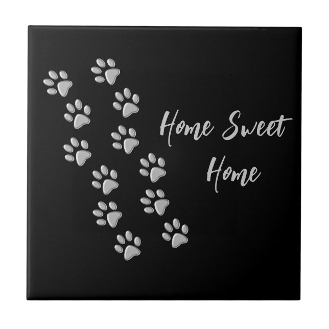 Silver Dog Paws black Background Print Pattern Ceramic Tile (Front)