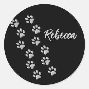 Silver Dog Paws black Background Print Pattern Classic Round Sticker