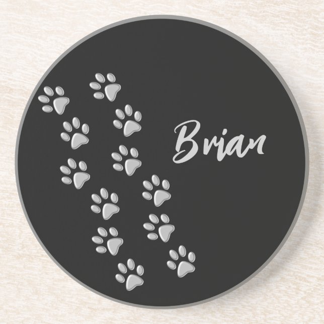 Silver Dog Paws black Background Print Pattern Coaster (Front)