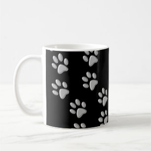 Silver Dog Paws black Background Print Pattern Coffee Mug
