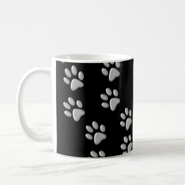Silver Dog Paws black Background Print Pattern Coffee Mug (Left)