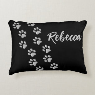 Silver Dog Paws black Background Print Pattern Decorative Cushion
