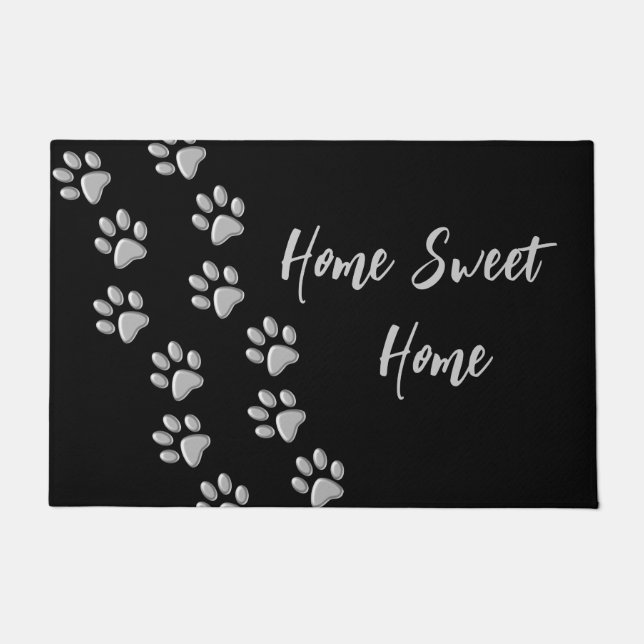 Silver Dog Paws black Background Print Pattern Doormat (Front)