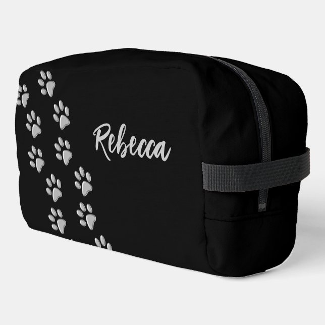 Silver Dog Paws black Background Print Pattern Dopp Kit (Left Corner)
