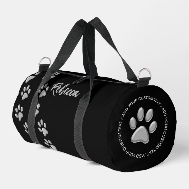 Silver Dog Paws black Background Print Pattern Duffle Bag (Left Corner)