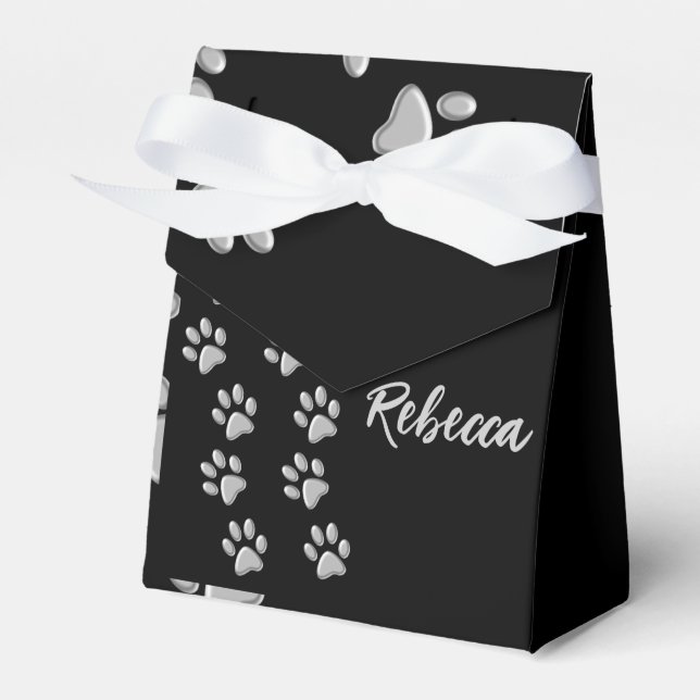 Silver Dog Paws black Background Print Pattern Favour Box (Front Side)