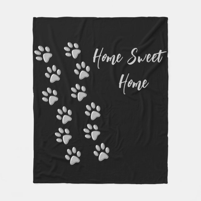 Silver Dog Paws black Background Print Pattern Fleece Blanket (Front)