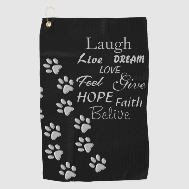 Silver Dog Paws black Background Print Pattern Golf Towel (Front)