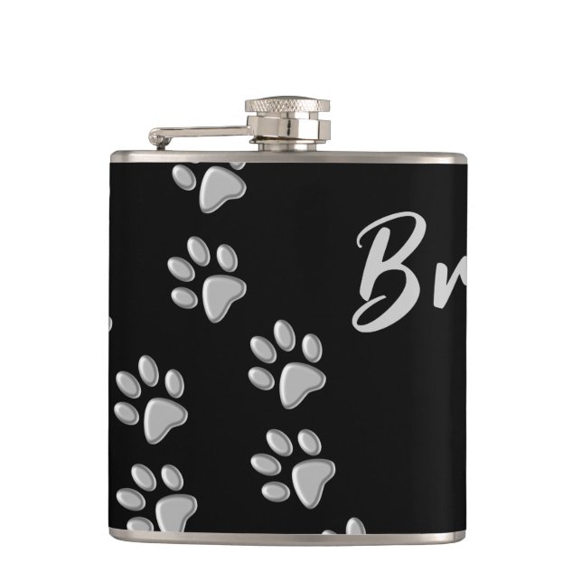 Silver Dog Paws black Background Print Pattern Hip Flask (Front)