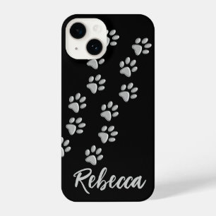 Silver Dog Paws black Background Print Pattern iPhone 14 Case