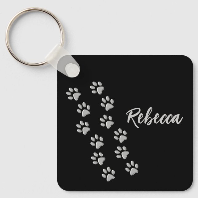 Silver Dog Paws black Background Print Pattern Key Ring (Front)