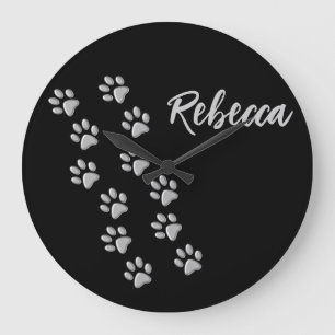 Silver Dog Paws black Background Print Pattern Large Clock